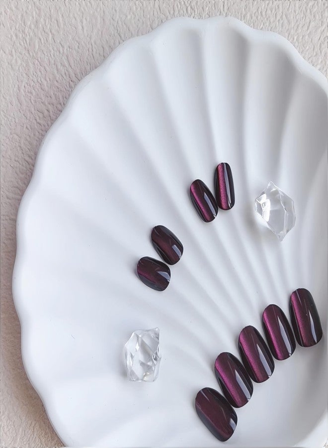 KQueenest Cat Eye Press on Nails Short Oval, 30 Pcs Dark Pink Fake Nails Extra Short Round, Sparkly Glitter Black Glue on Nails Almond, Reusable Shiny Chrome False Nails for Women Small Size - Image 4